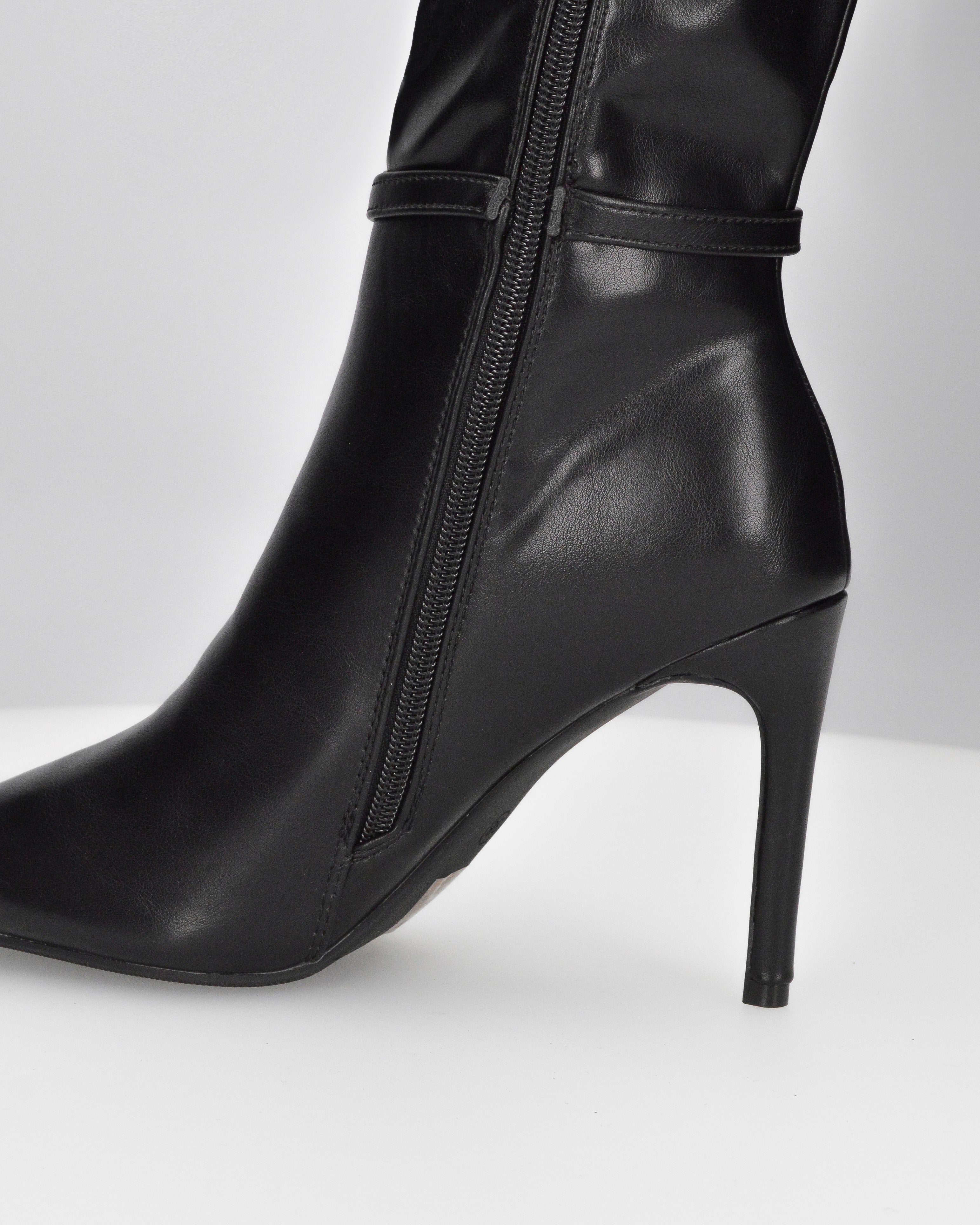 MAKI - black below-the-knee faux leather boot with stiletto heel and jewelled buckle