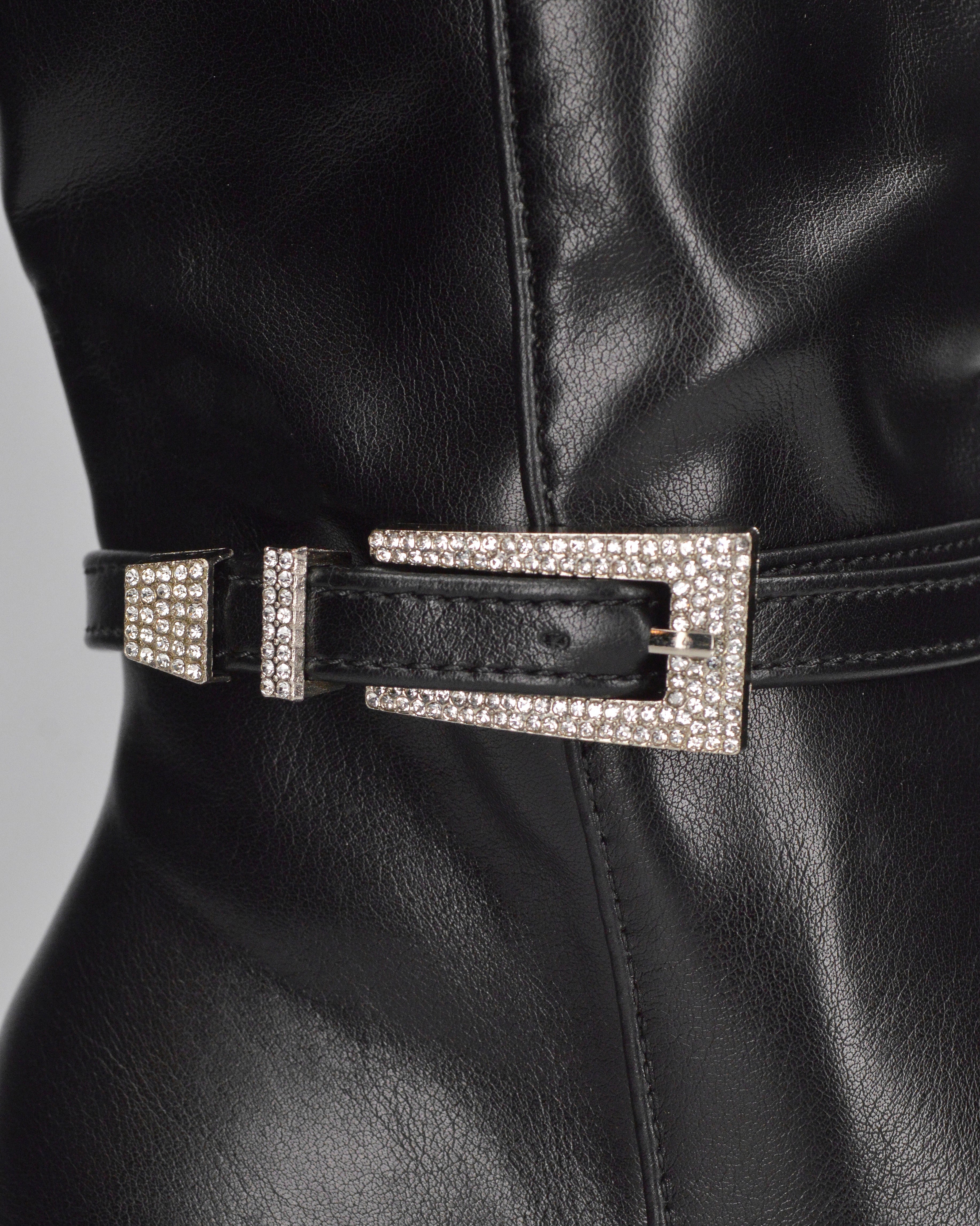 MAKI - black below-the-knee faux leather boot with stiletto heel and jewelled buckle
