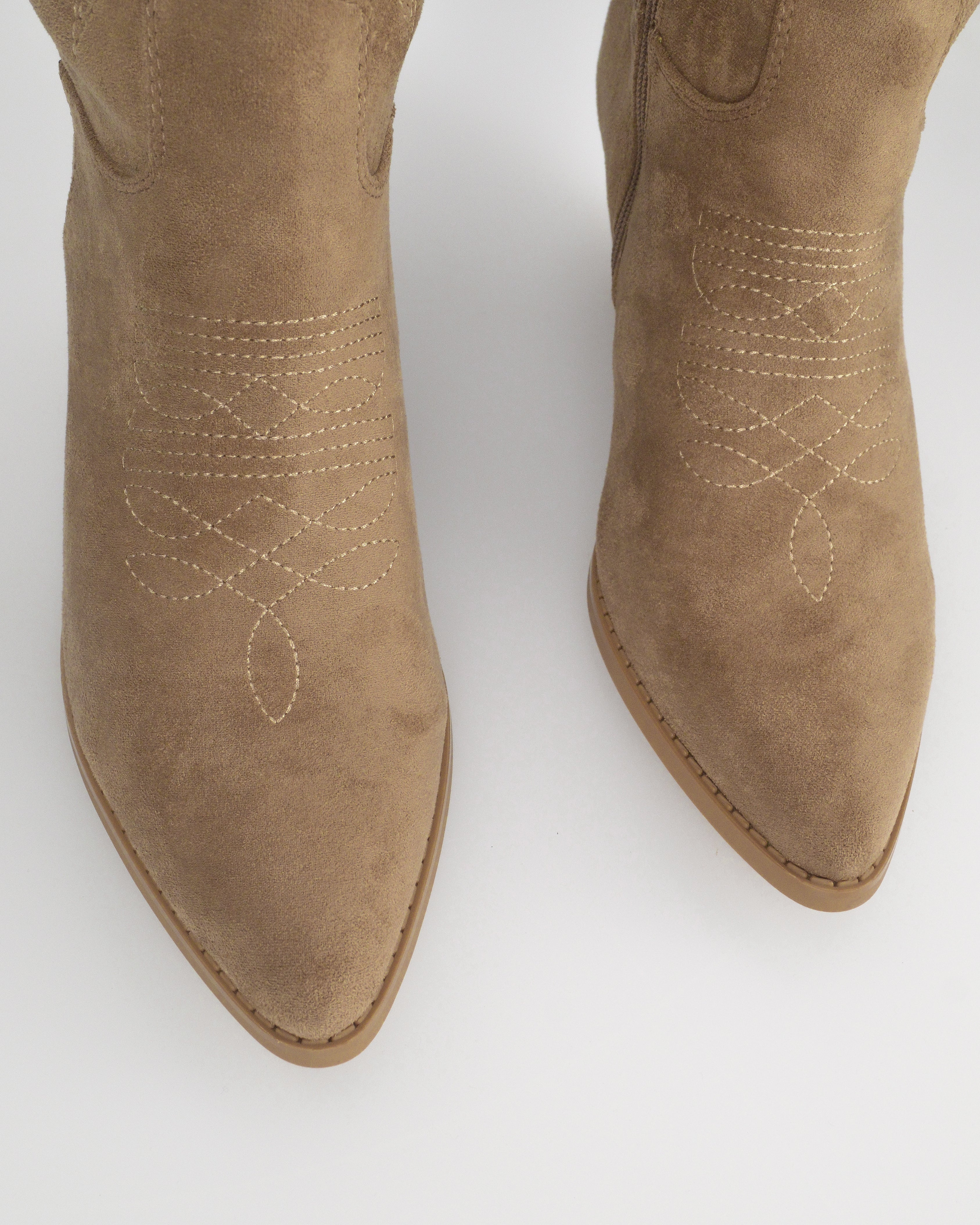 CHRYSA - tall khaki Western boots with embroidered designs and zip closure