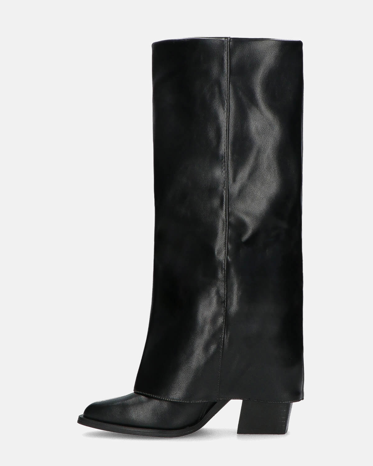 DENISE - black faux leather fold-over cuff knee-high boots