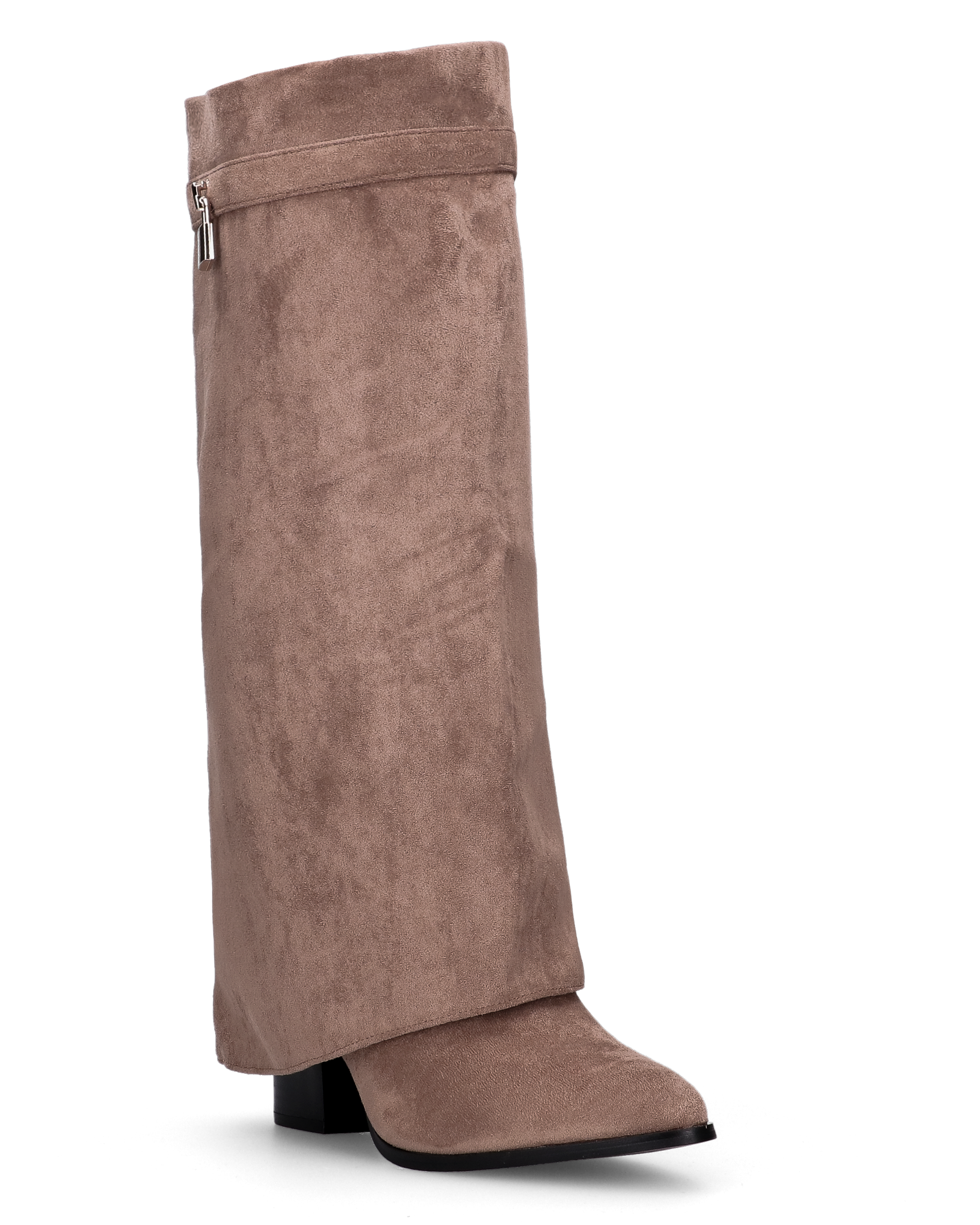 DHARA - beige knee-high boot with fold-over cuff and mini gold padlock
