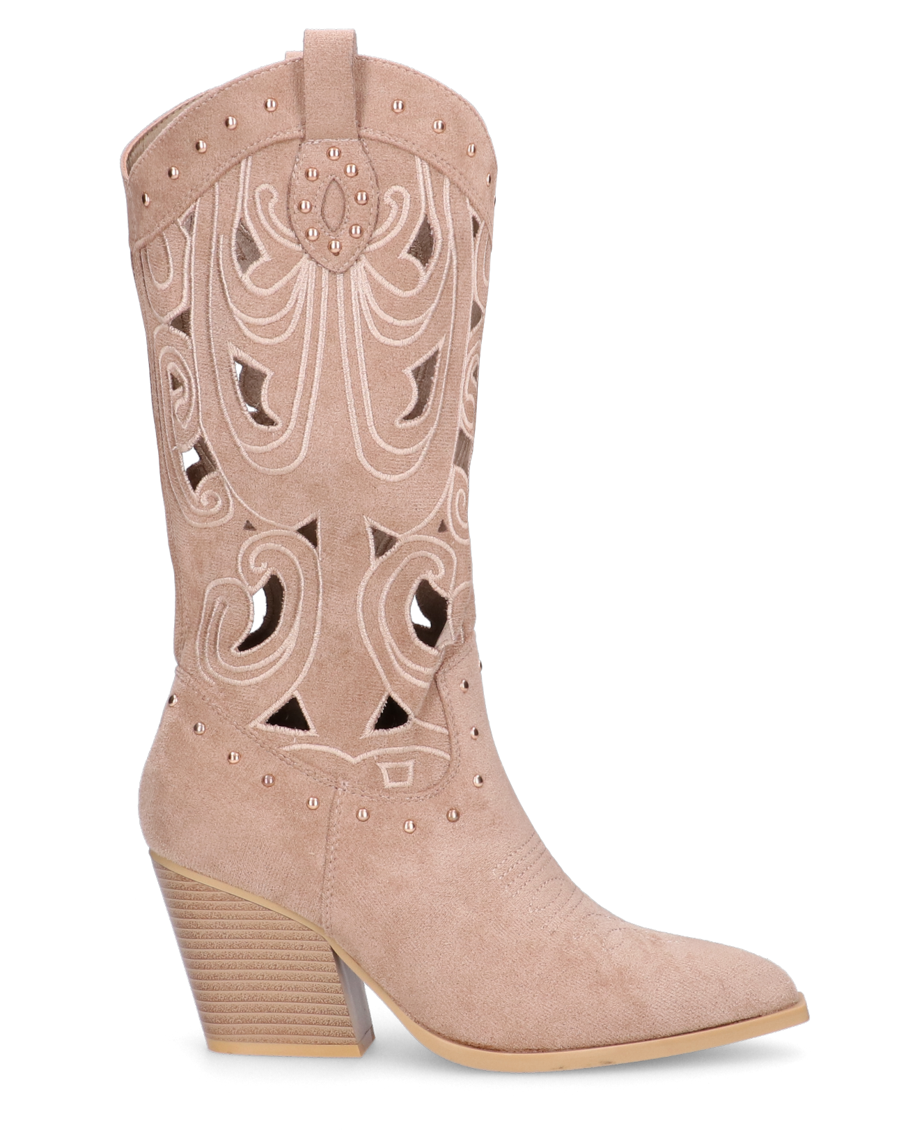 FLORY - Beige Embroidered Cowboy Boots with Cutouts and Studs