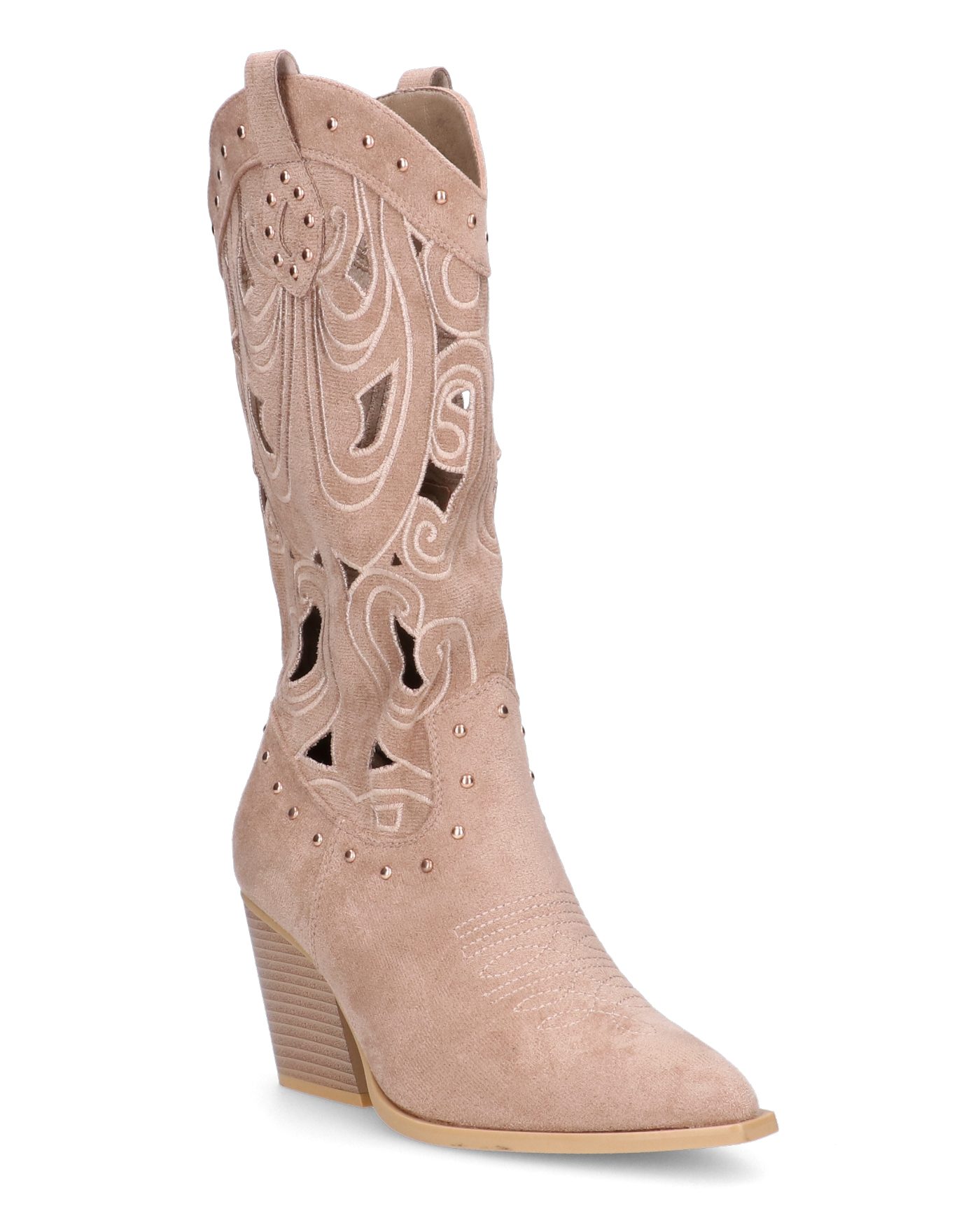 FLORY - Beige Embroidered Cowboy Boots with Cutouts and Studs