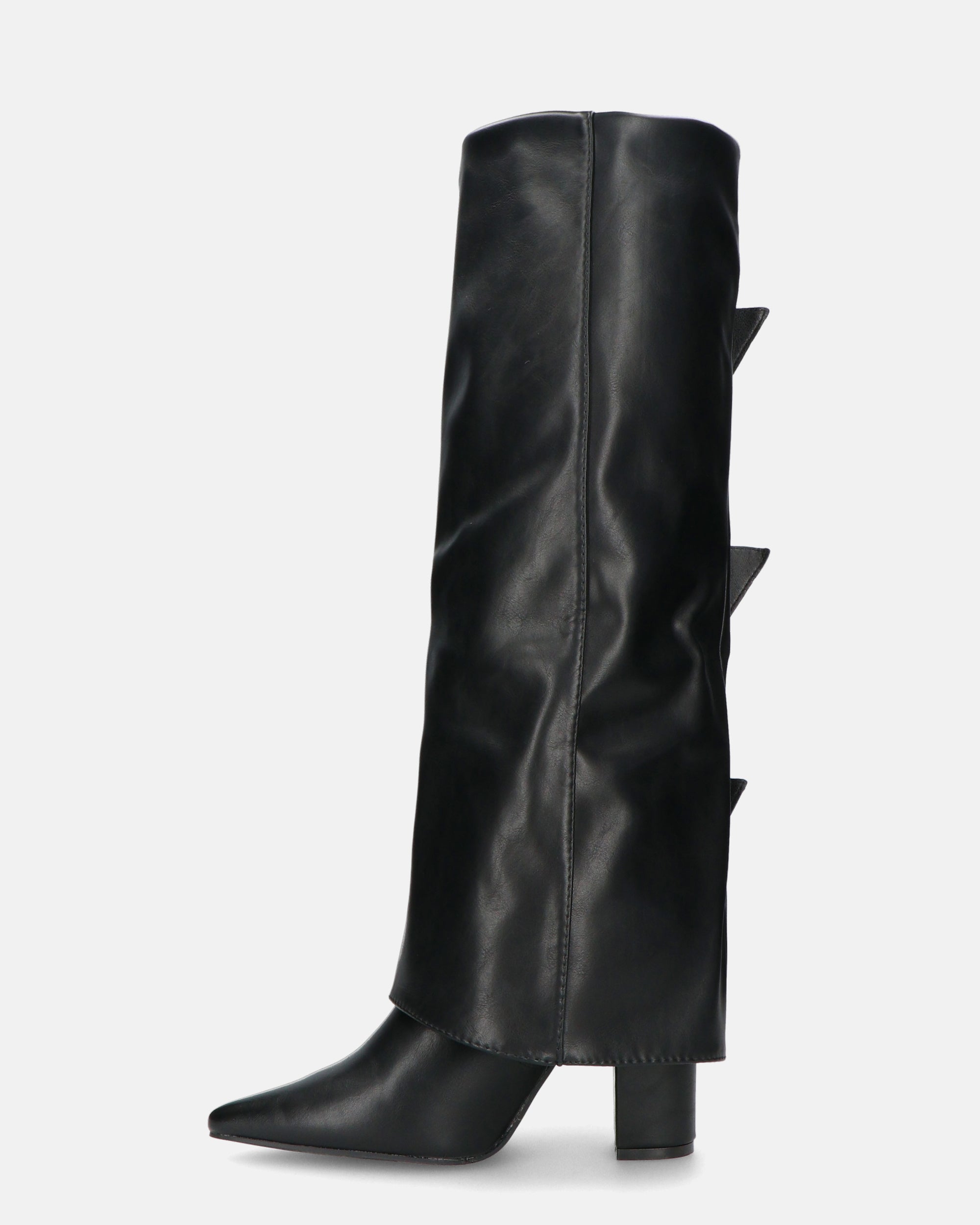 ISABELL - black knee-high boots with turn-down cuff and side belts