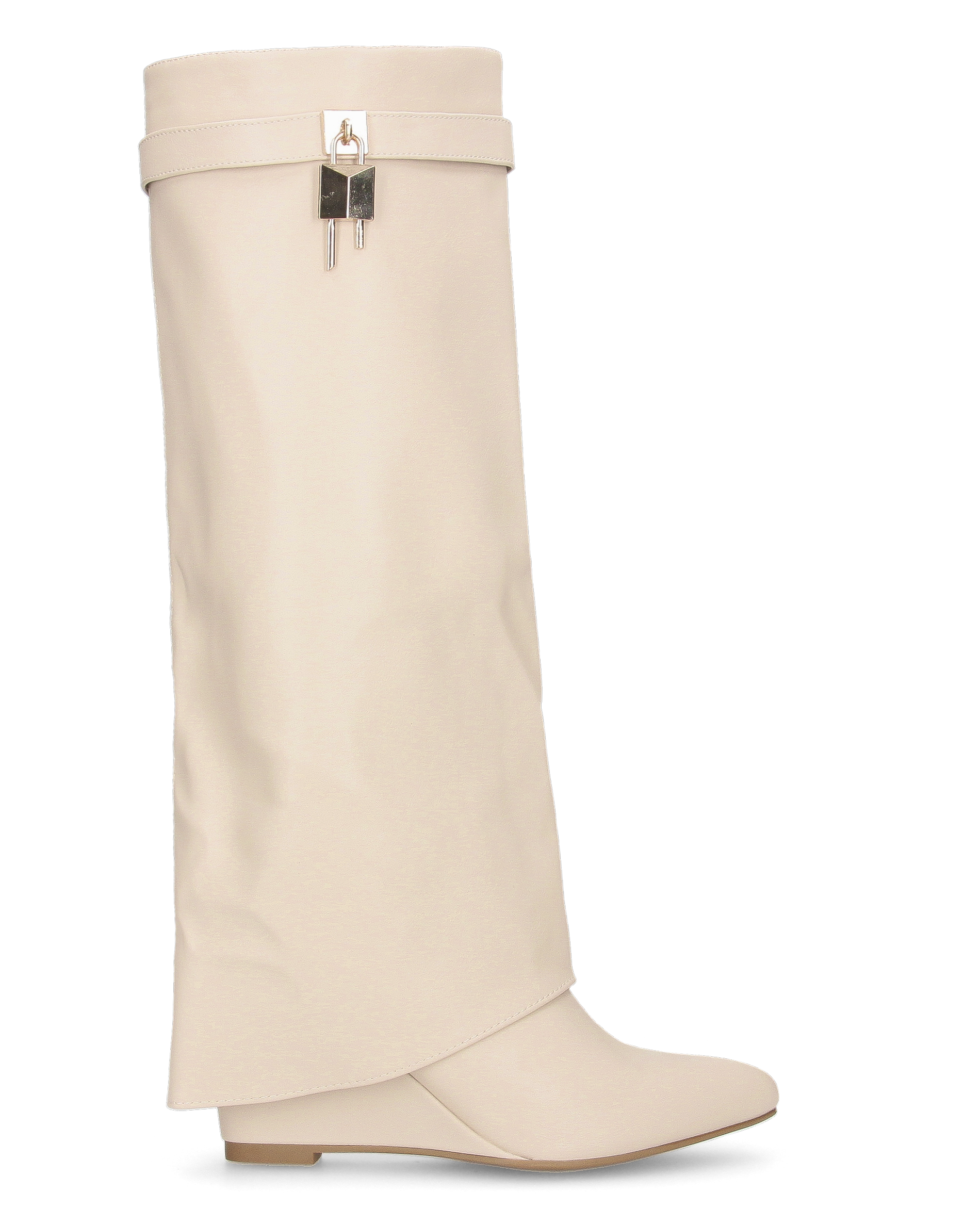 MELANIA - beige knee-high boots with turn-down cuff and wedge, zip closure