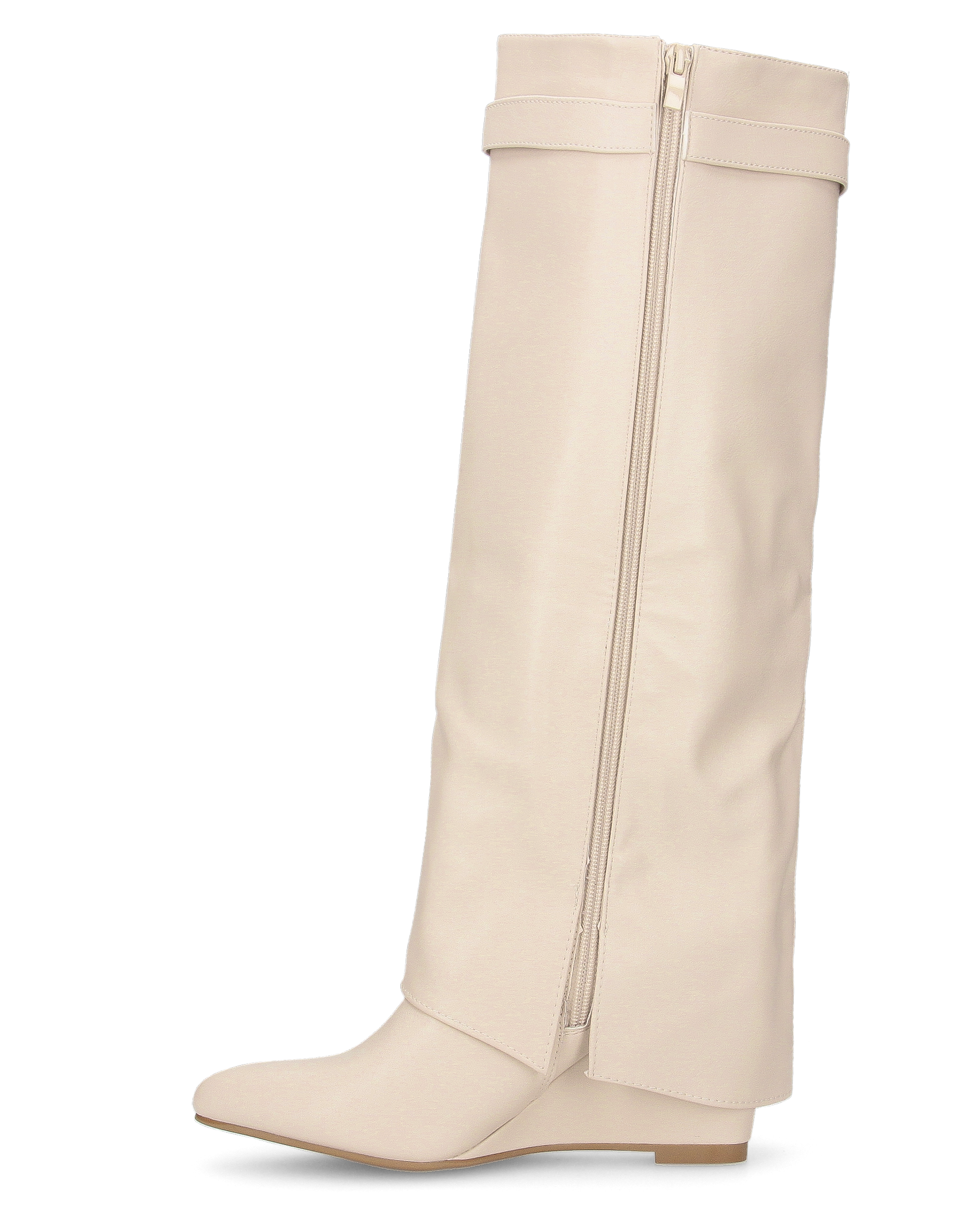 MELANIA - beige knee-high boots with turn-down cuff and wedge, zip closure