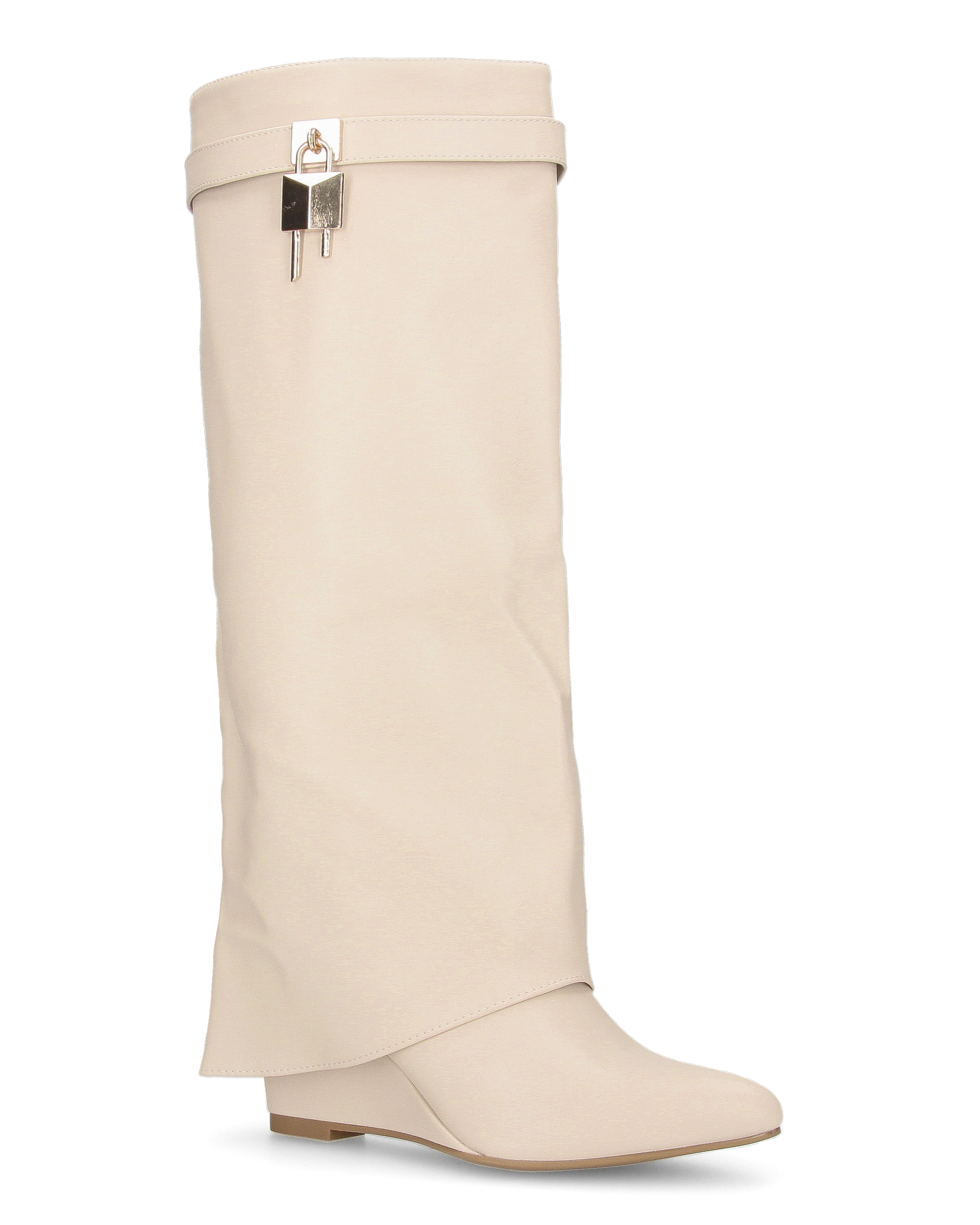 MELANIA - beige knee-high boots with turn-down cuff and wedge, zip closure