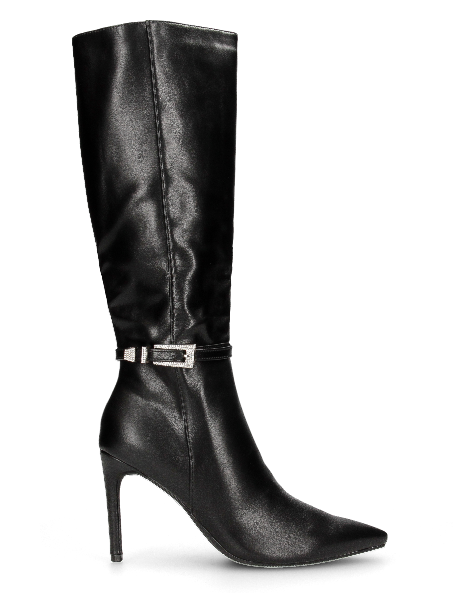 MAKI - black below-the-knee faux leather boot with stiletto heel and jewelled buckle
