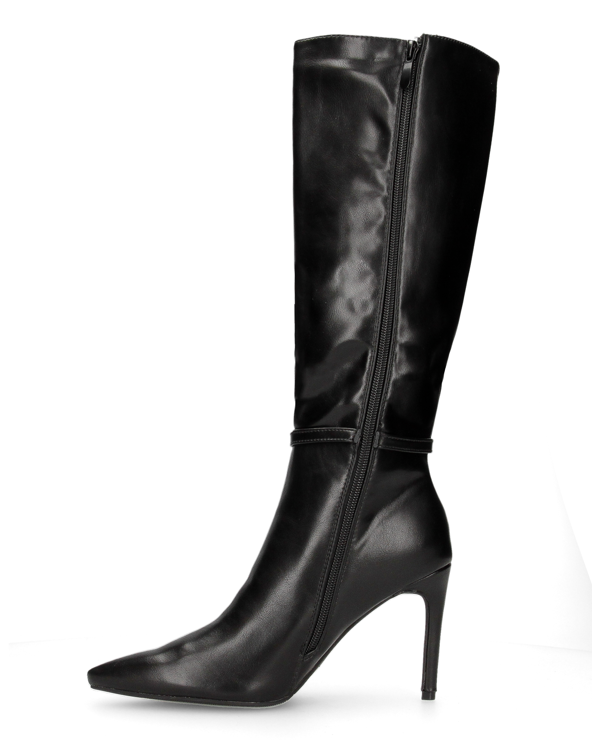 MAKI - black below-the-knee faux leather boot with stiletto heel and jewelled buckle