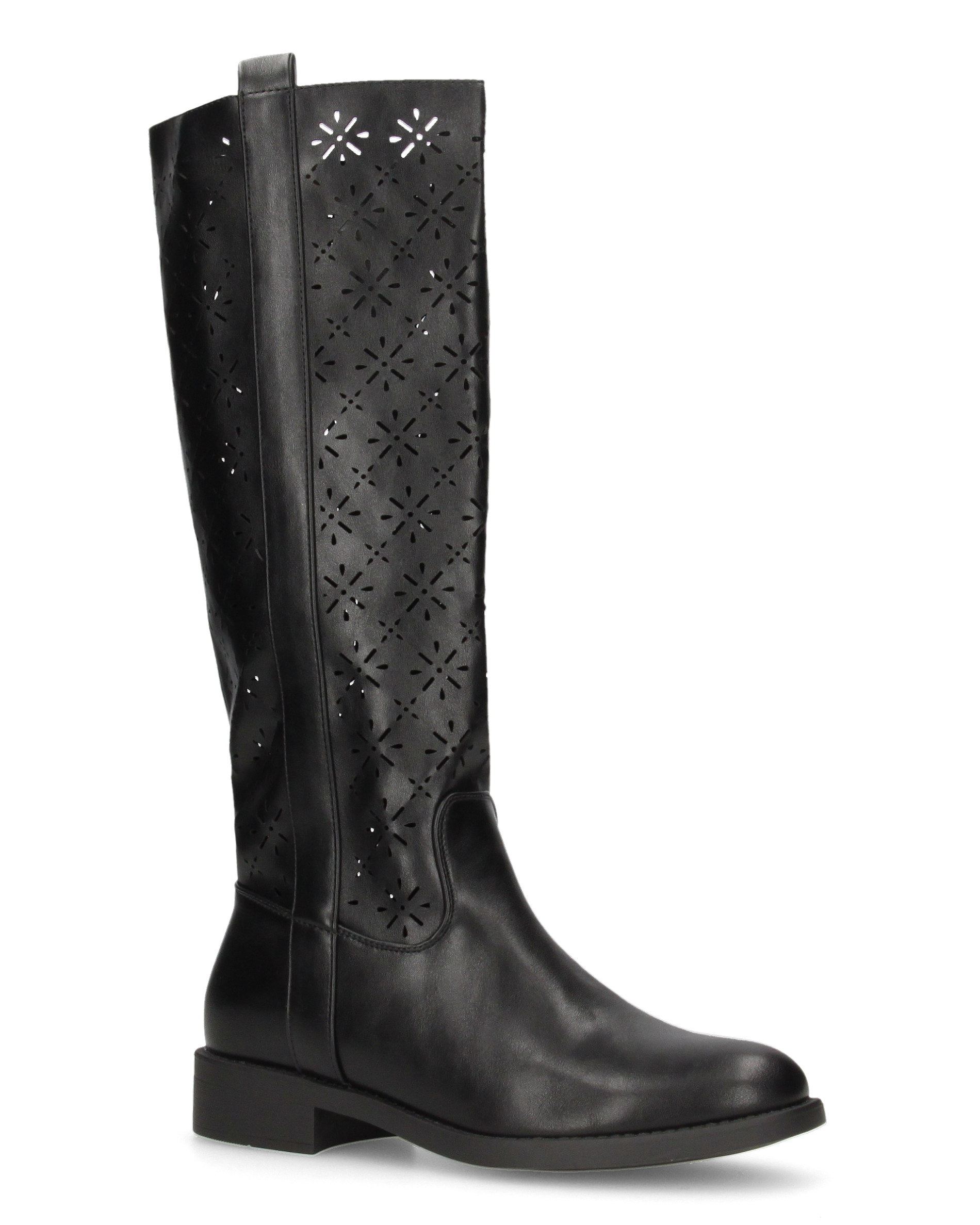 OLGA - black perforated tall boots with side zip closure