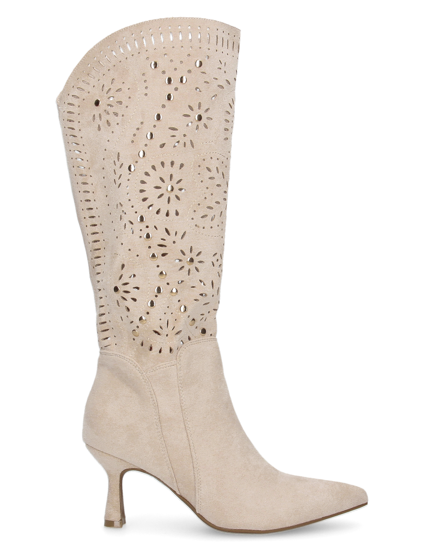 ORTHE - beige perforated below-the-knee boots with gold studs