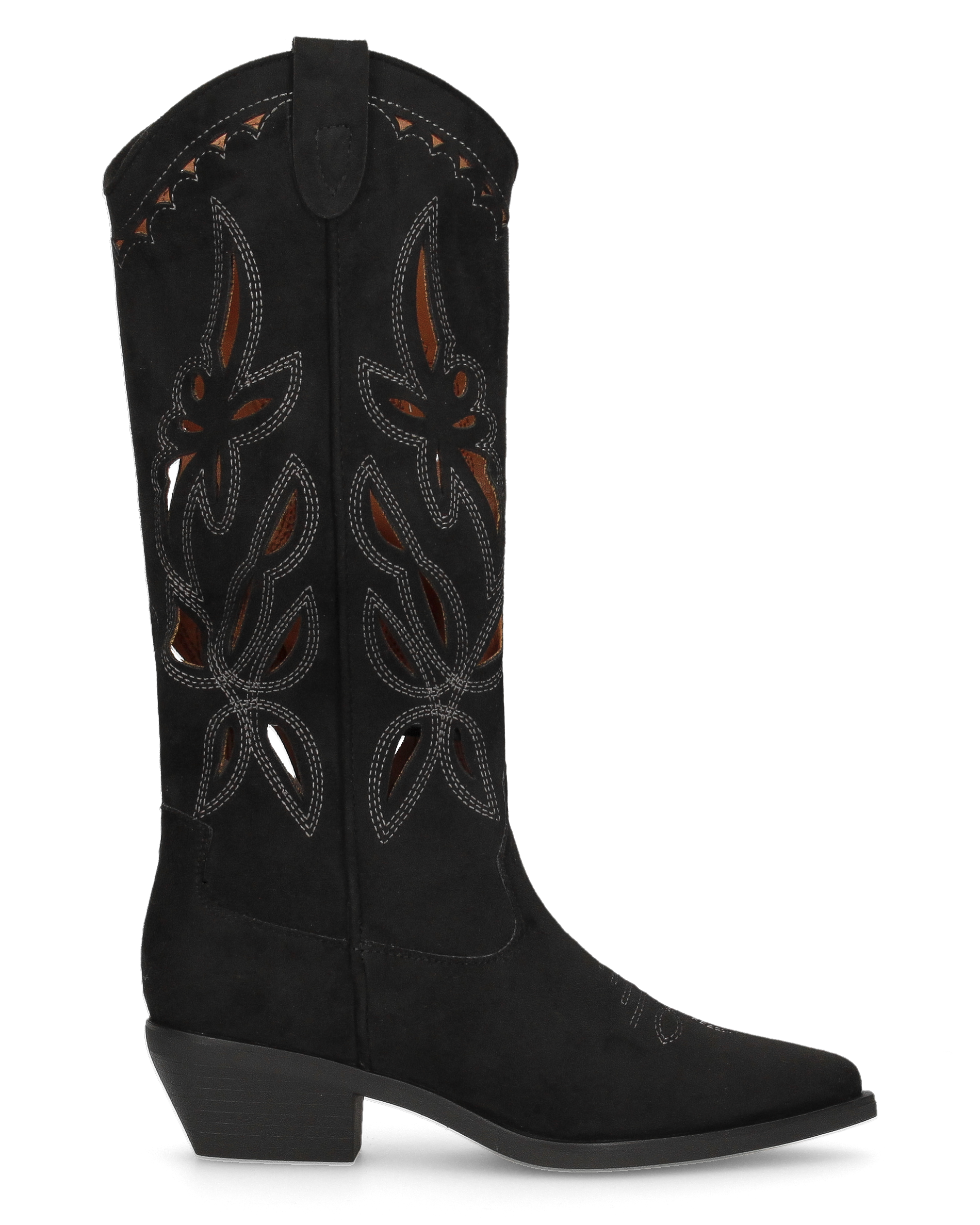RISA - black tall suede-effect Western boots with embroidery and laser-cut detailing