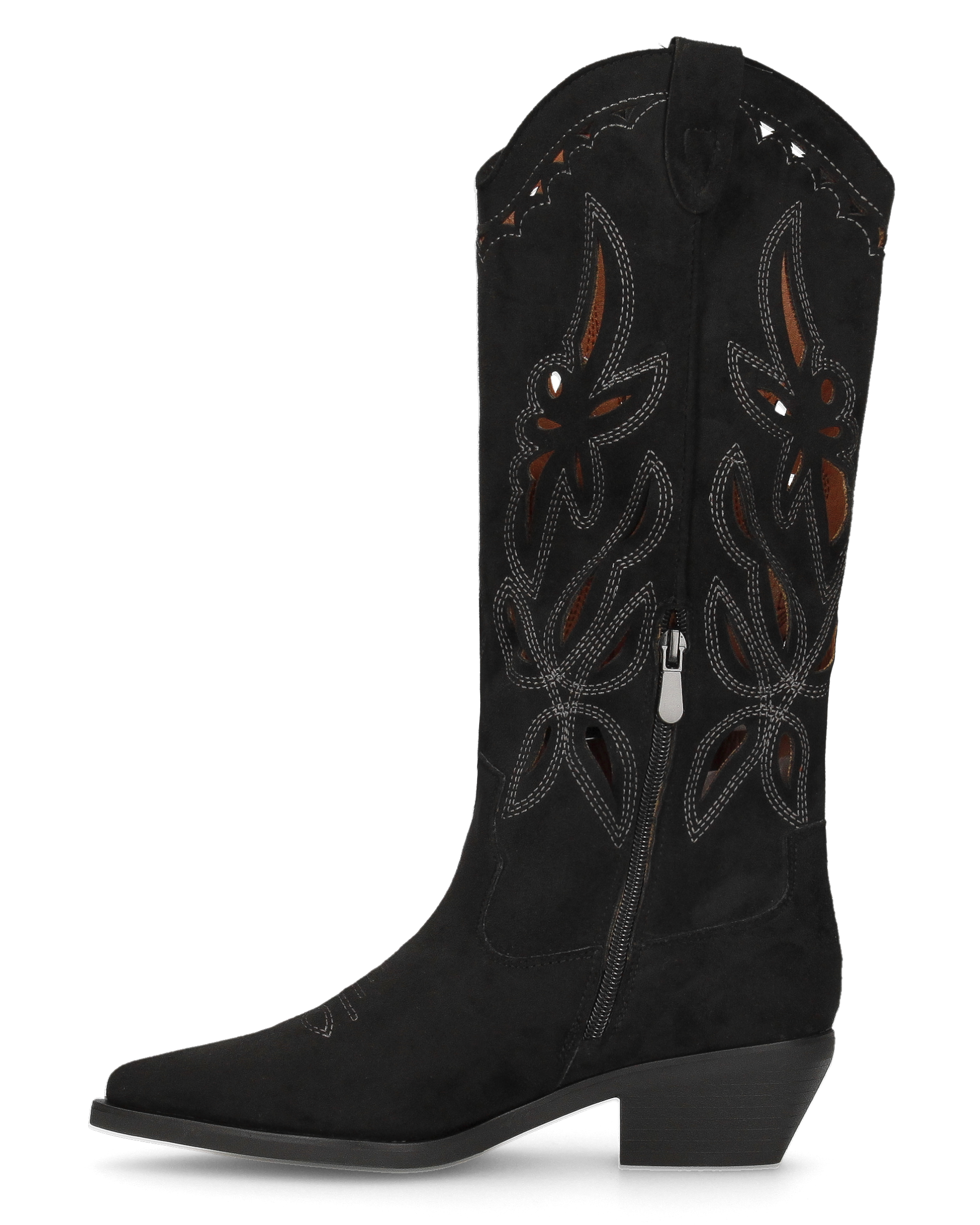 RISA - black tall suede-effect Western boots with embroidery and laser-cut detailing