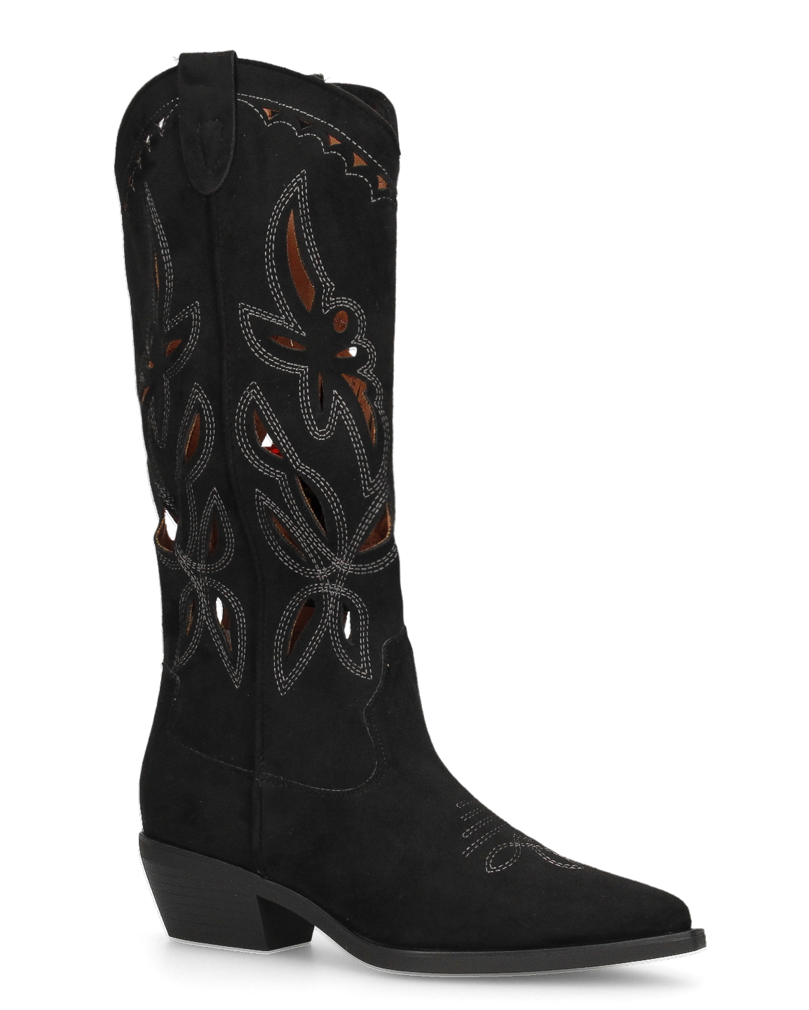 RISA - black tall suede-effect Western boots with embroidery and laser-cut detailing