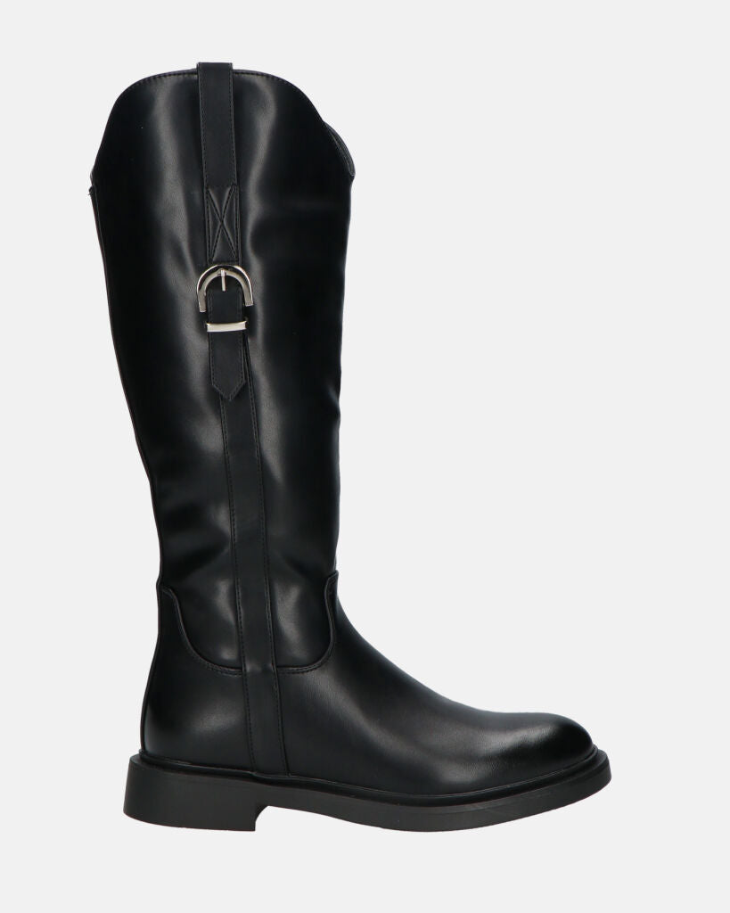SOFIA - Black Knee-High Boots with Side Zip and Strap