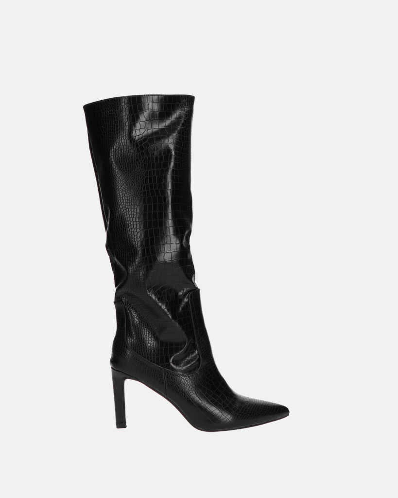 CAROLINE - black snakeskin-effect high-heeled knee-high boot