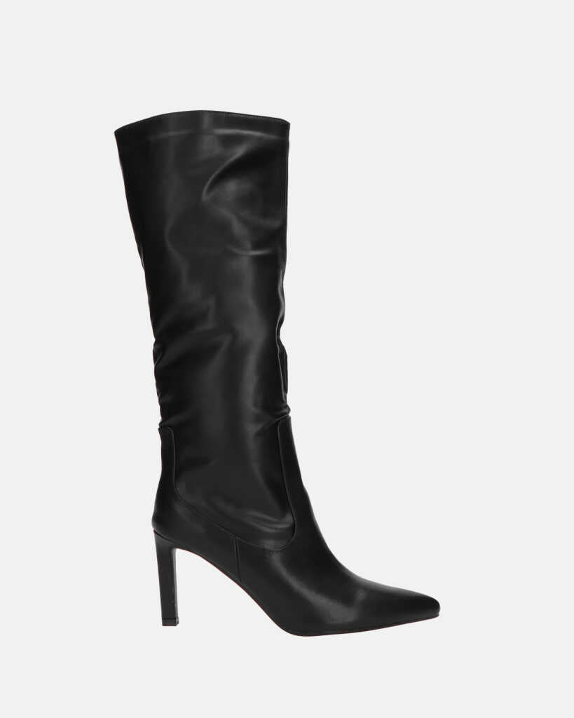CAROLINE - black tall leather-effect heeled boots