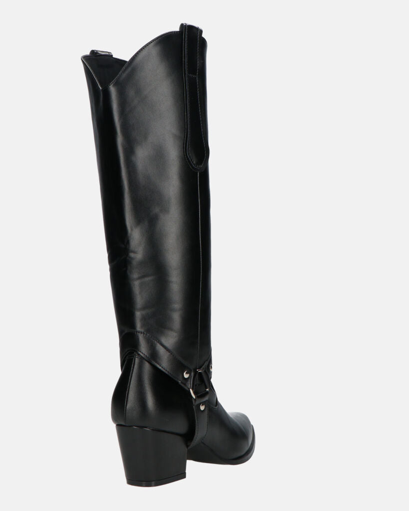 2-in-1 - CAMILA - Black Faux Leather Texan Boots with Removable Shaft
