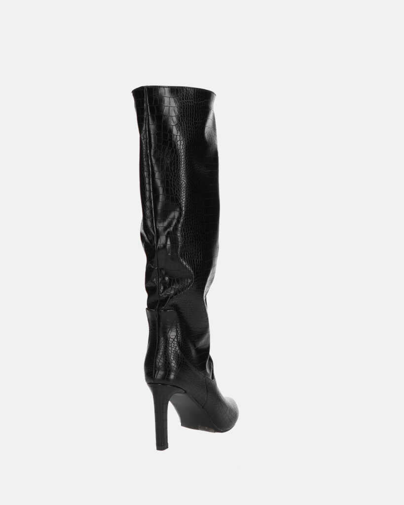 CAROLINE - black snakeskin-effect high-heeled knee-high boot