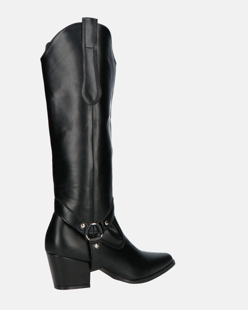 2-in-1 - CAMILA - Black Faux Leather Texan Boots with Removable Shaft