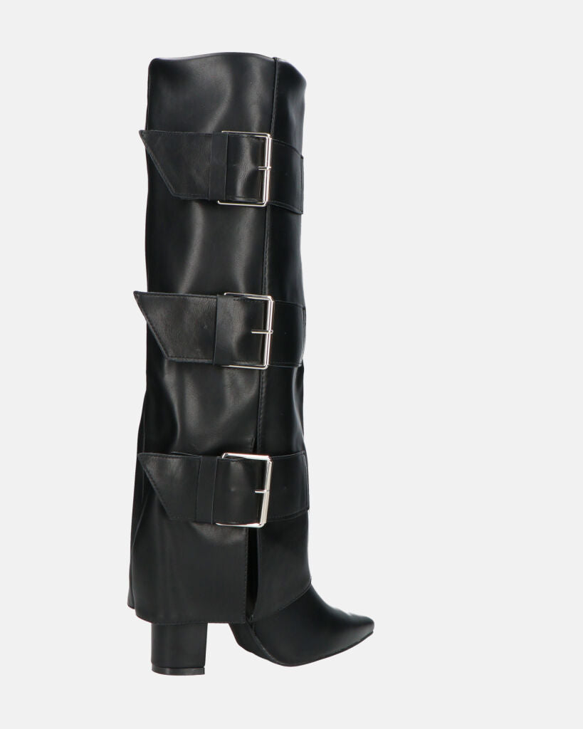 ISABELL - black knee-high boots with turn-down cuff and side belts