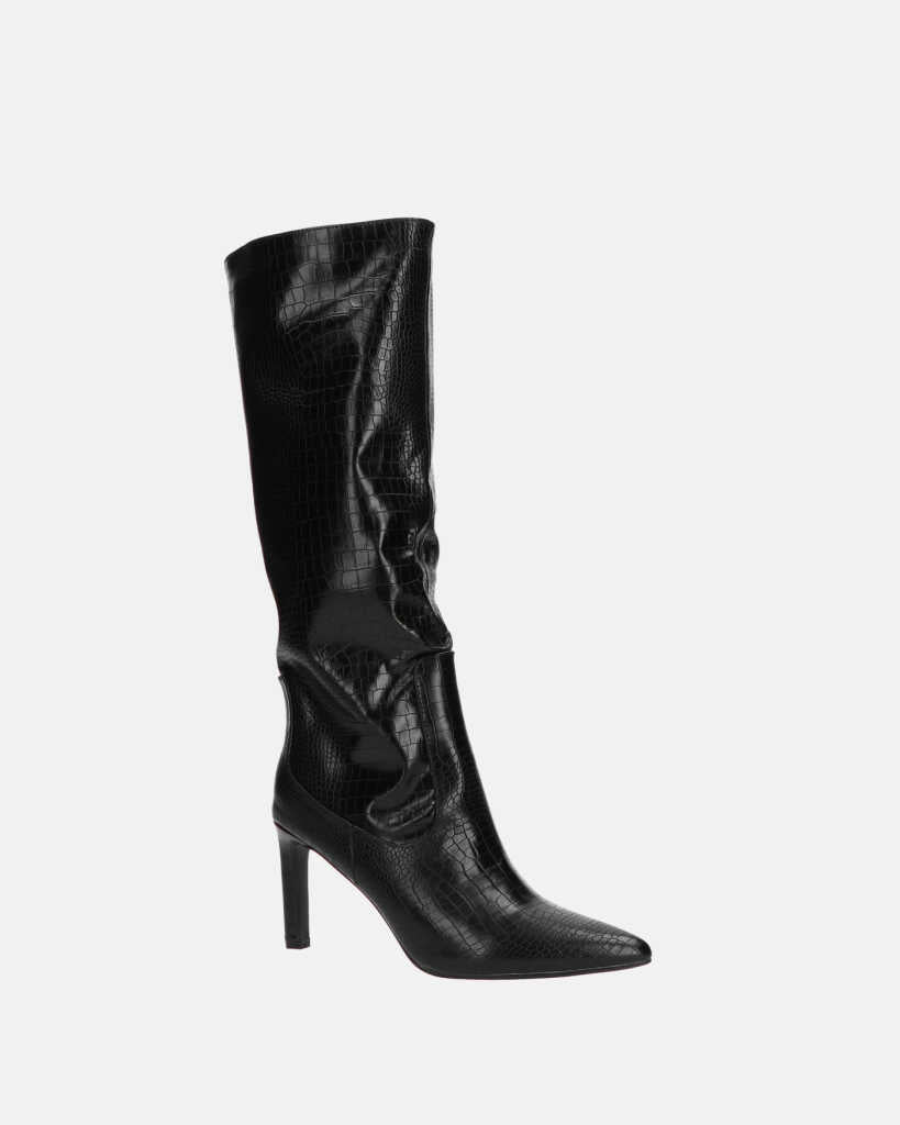 CAROLINE - black snakeskin-effect high-heeled knee-high boot