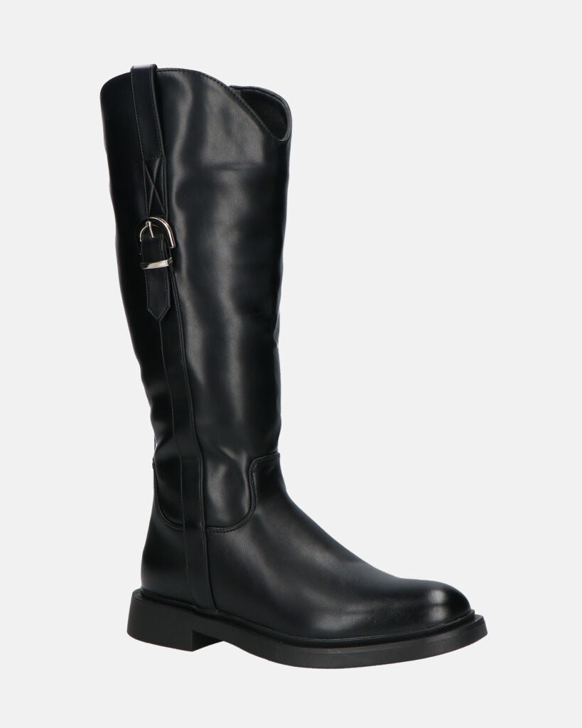 SOFIA - Black Knee-High Boots with Side Zip and Strap