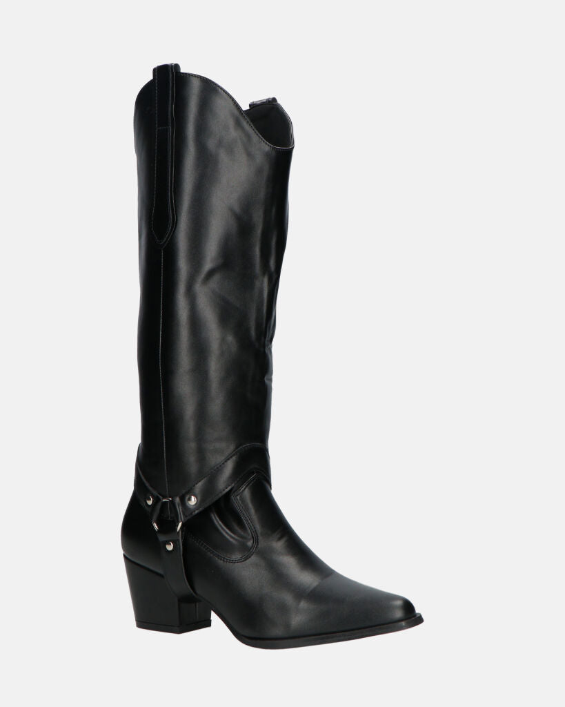 2-in-1 - CAMILA - Black Faux Leather Texan Boots with Removable Shaft
