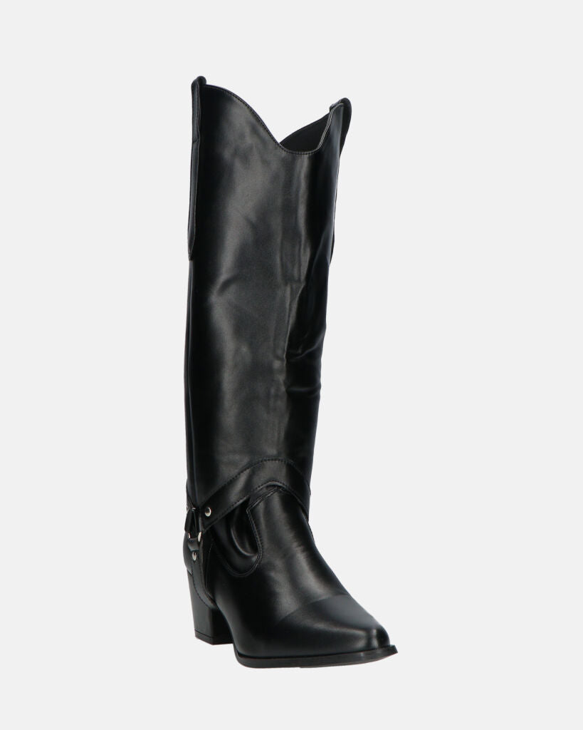 2-in-1 - CAMILA - Black Faux Leather Texan Boots with Removable Shaft