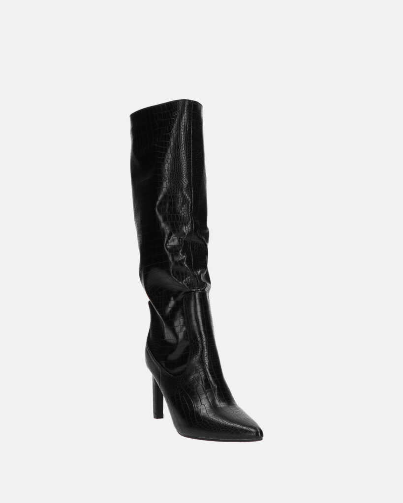 CAROLINE - black snakeskin-effect high-heeled knee-high boot