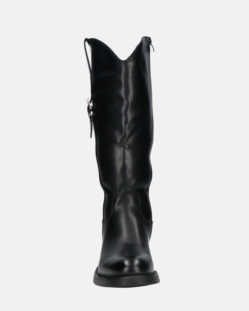 SOFIA - Black Knee-High Boots with Side Zip and Strap