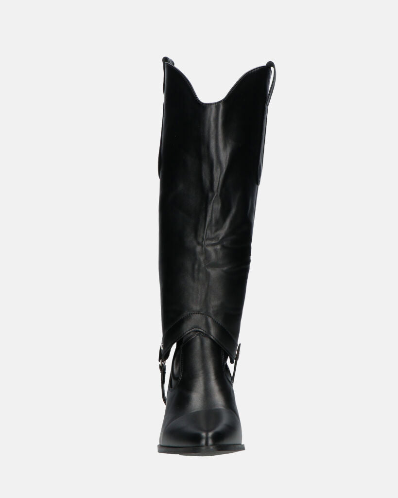 2-in-1 - CAMILA - Black Faux Leather Texan Boots with Removable Shaft