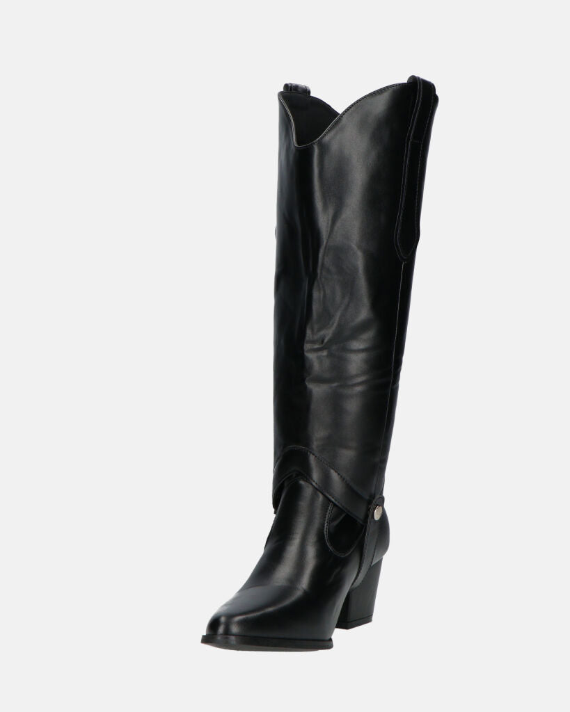 2-in-1 - CAMILA - Black Faux Leather Texan Boots with Removable Shaft