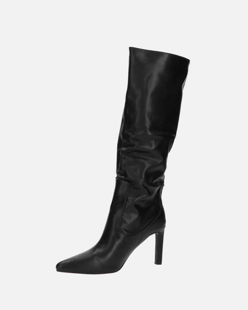 CAROLINE - black tall leather-effect heeled boots
