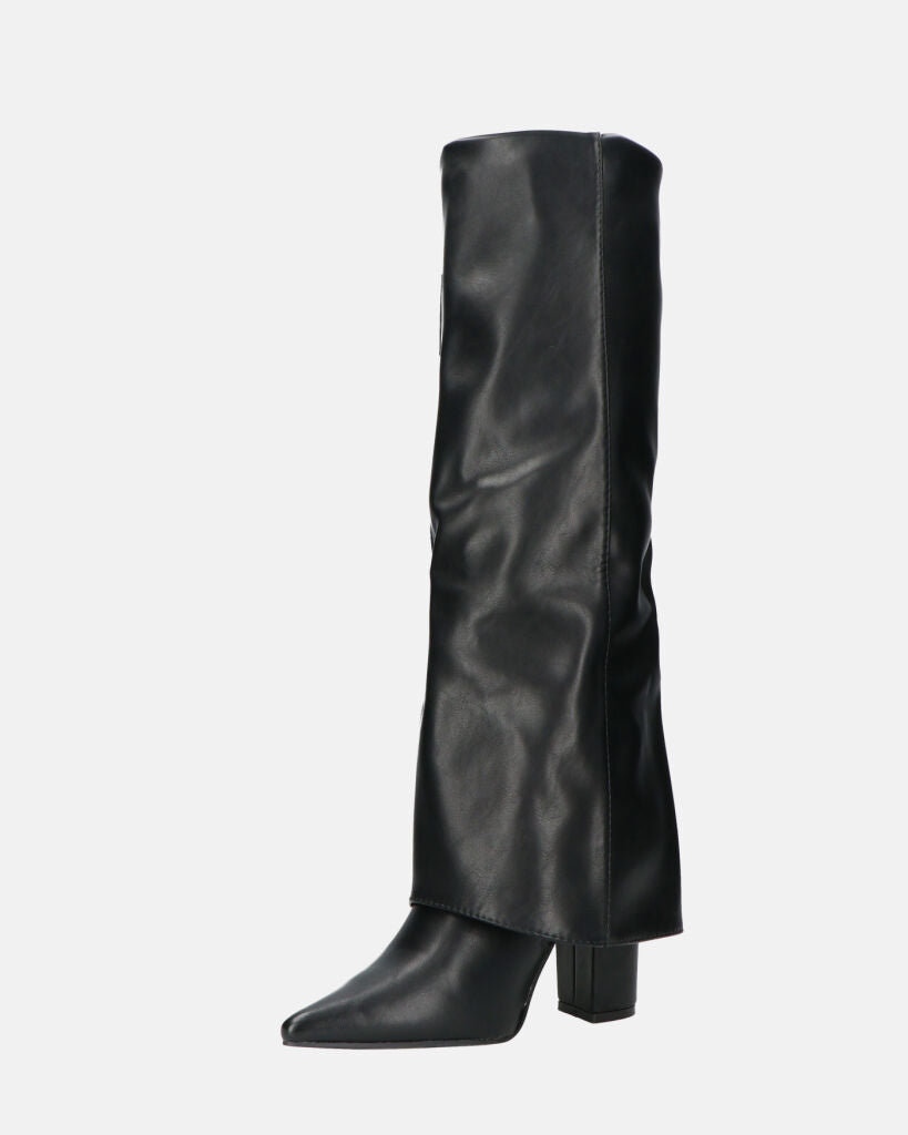 ISABELL - black knee-high boots with turn-down cuff and side belts