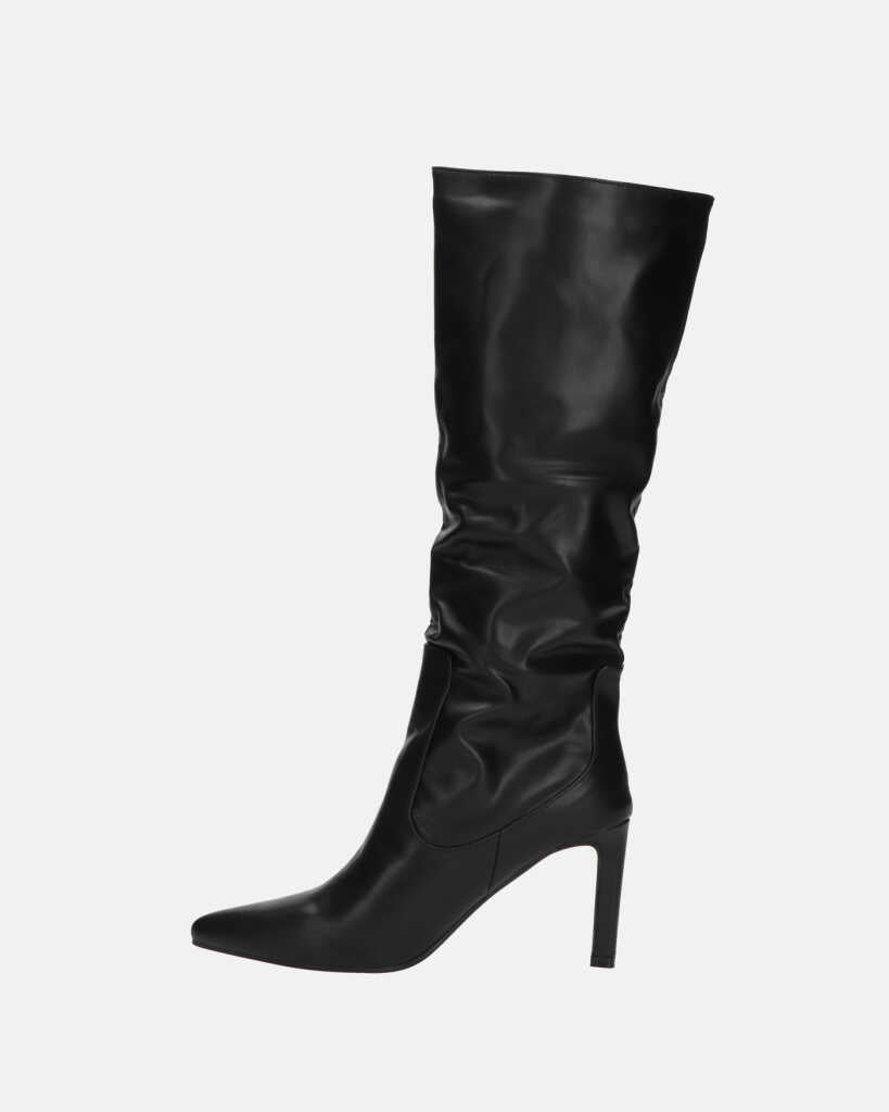 CAROLINE - black tall leather-effect heeled boots