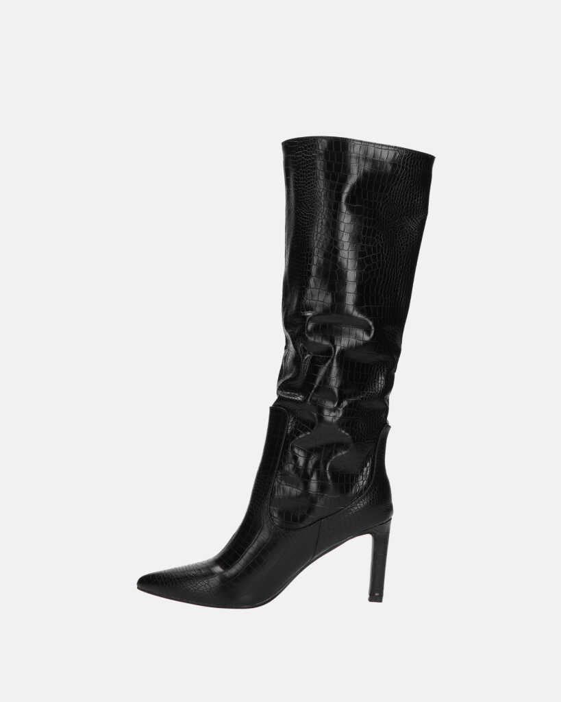 CAROLINE - black snakeskin-effect high-heeled knee-high boot