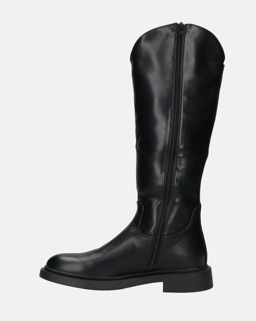 SOFIA - Black Knee-High Boots with Side Zip and Strap