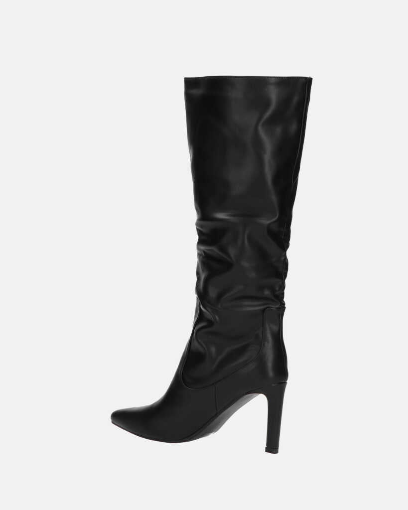 CAROLINE - black tall leather-effect heeled boots