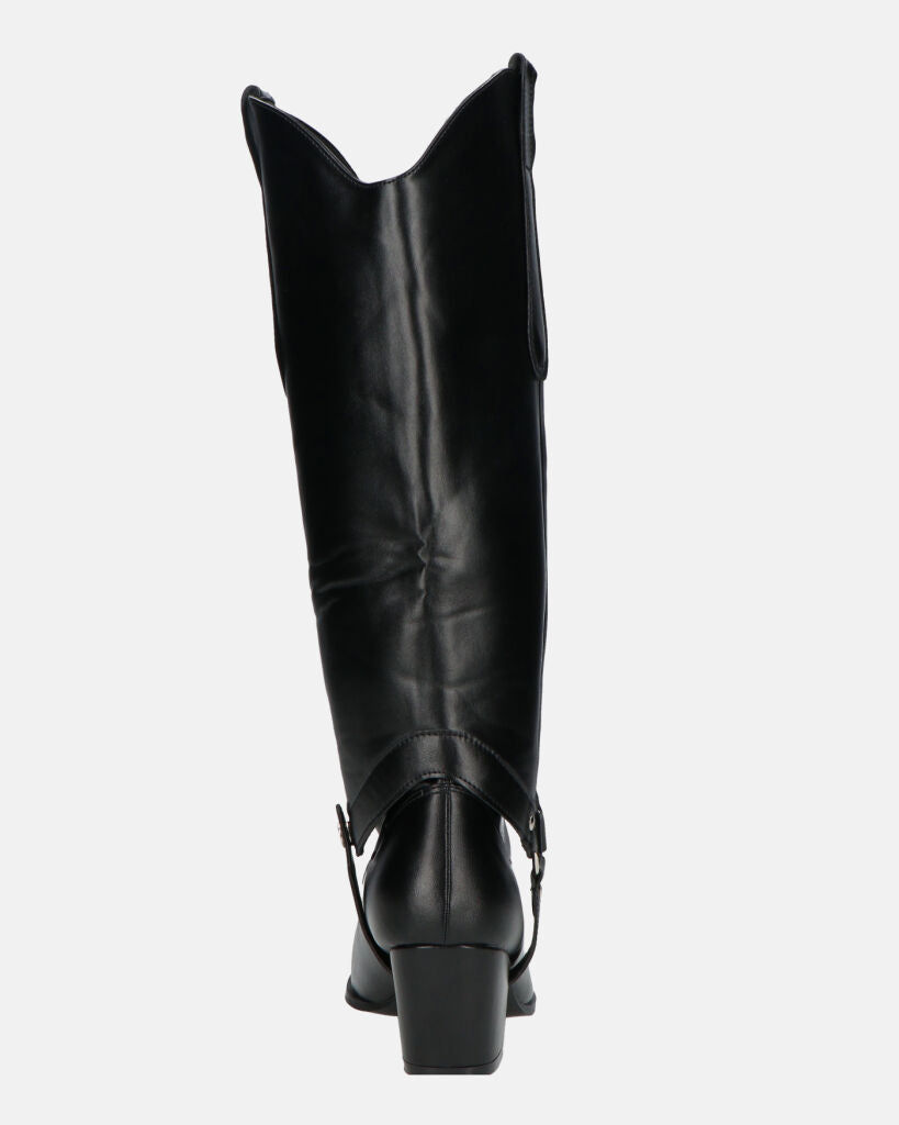 2-in-1 - CAMILA - Black Faux Leather Texan Boots with Removable Shaft