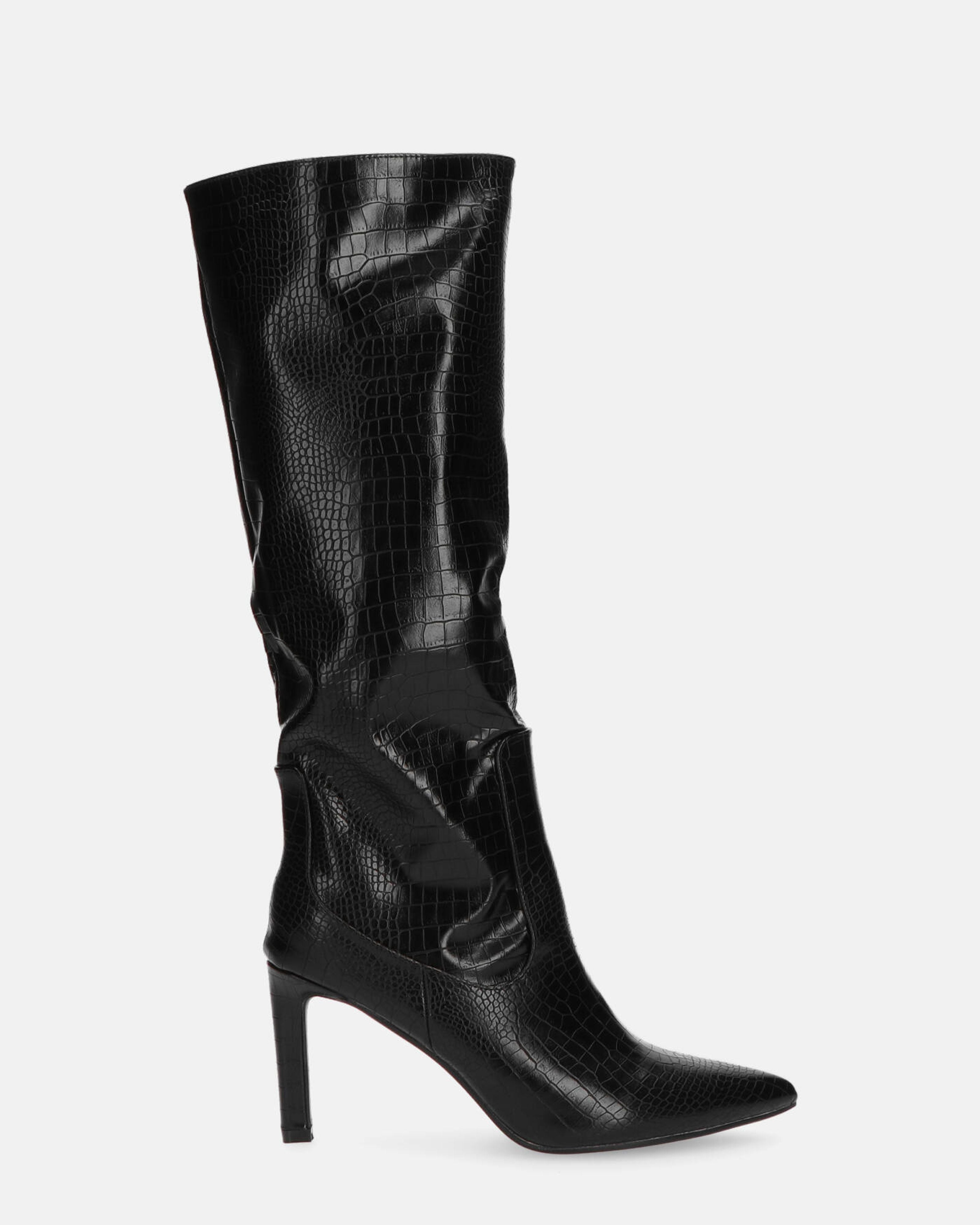 CAROLINE - black snakeskin-effect high-heeled knee-high boot