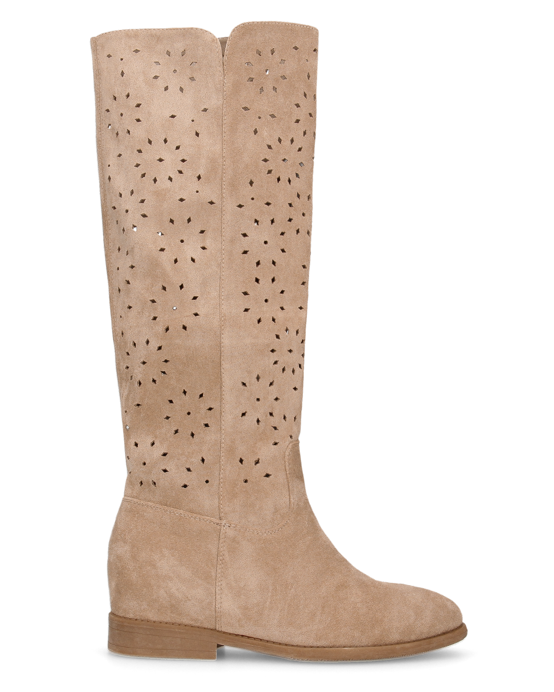 AKEMI - beige perforated faux suede tall boots with internal wedge