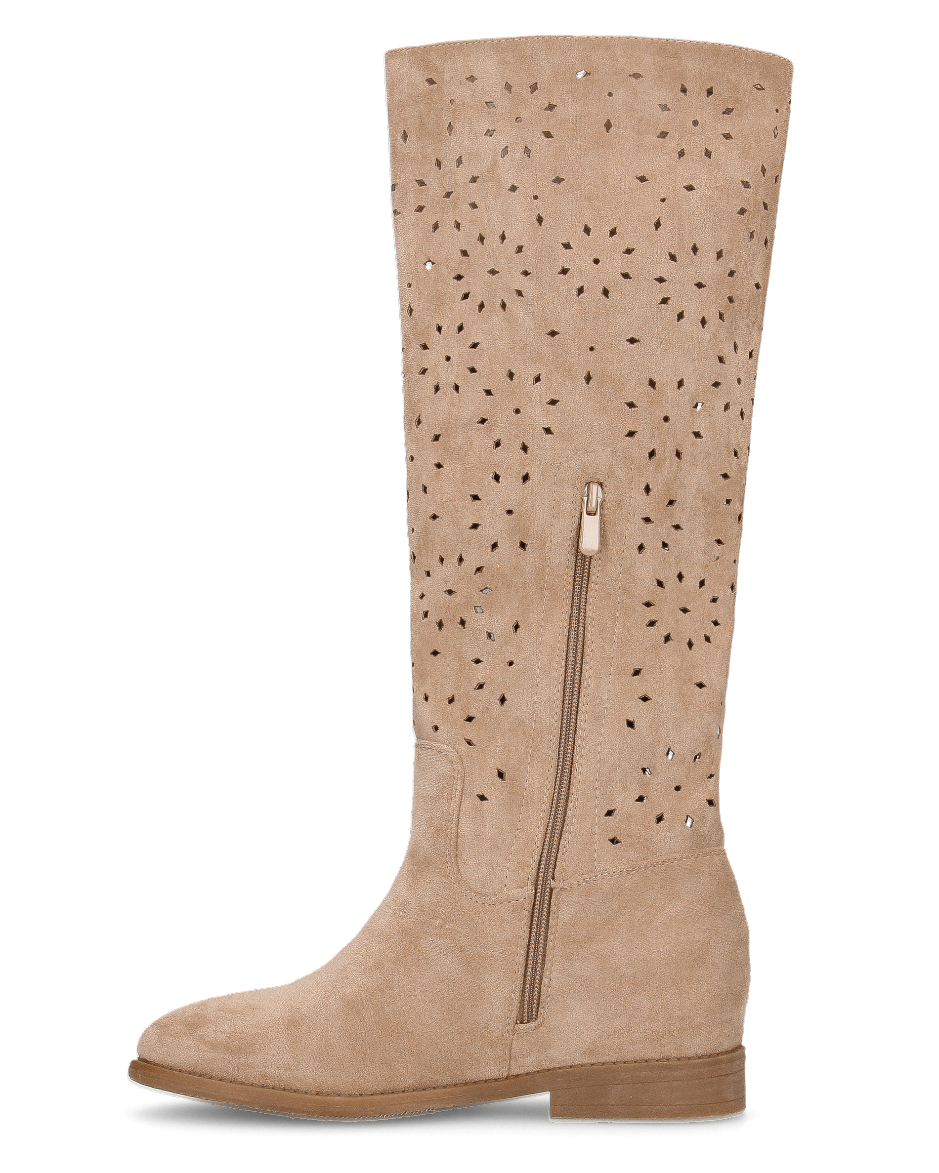 AKEMI - beige perforated faux suede tall boots with internal wedge