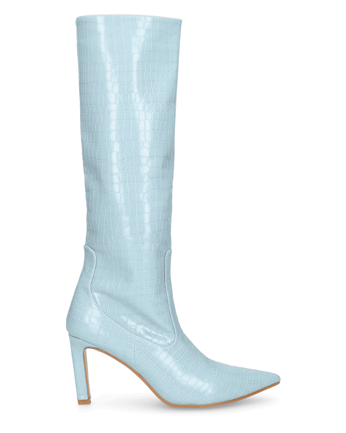 CAROLINE - Tall Heeled Boots in Light Blue Crocodile Effect